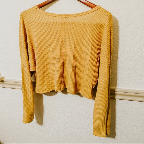 Mustard Long Sleeve Waffle Crop Top - Picture 2 of 2